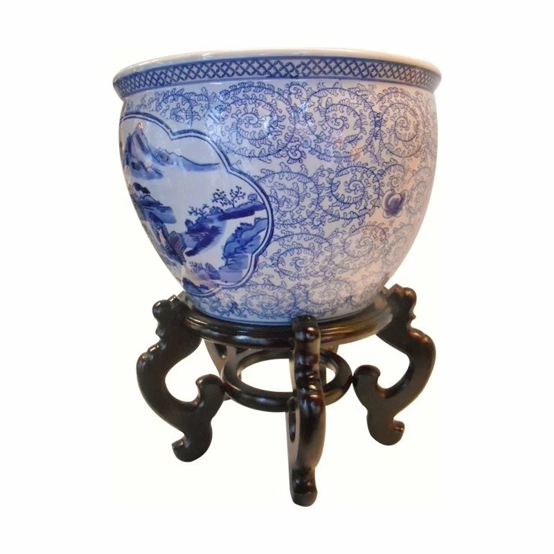 Oriental Furnishings Blue And White Asian Porcelain Garden Pot Painted Landscape, 18" 3 Oriental Furnishings Blue And White Asian Porcelain Garden Pot Painted Landscape, 18" - Image 3