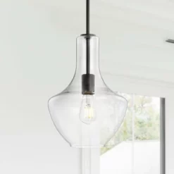 JONATHAN Y Watts 10.5" Glass, Metal LED Pendant, Oil Rubbed Bronze/Clear, Width: 10.5"