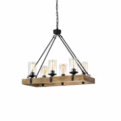 Edvivi Lighting 6-Light Matte Black And Vintage Wood Farmhouse Linear Chandelier Clear Glass
