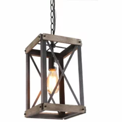 LNC Lighting LNC 1-Light Foyer Farmhouse Rustic Cage Wood Pendant Hanging Lantern Chandeliers
