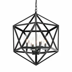 Edvivi Lighting 4-Light Geometric Iron Antique Black Glass Shade Cage Chandelier Farmhouse