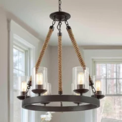 LNC Lighting LNC 6-Light Farmhouse Wagon Wheel Wood And Glass Shade Chandelier, A02992 -Ceiling Lighting Shop fd81ce8c03219730 9943 w800 h800 b0 p0