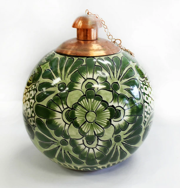 Tierra Fina Talavera Srtyle Table Top Torch, Made In Mexico, Green Monochrome 1 Tierra Fina Talavera Srtyle Table Top Torch, Made In Mexico, Green Monochrome