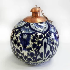 Tierra Fina Talavera Style Table Top Torch, Made In Mexico, Blue Monochrome
