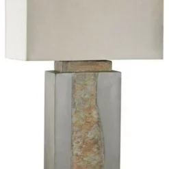 Bailey Street Home Grey-Natural Slate Outdoor Table Lamp Made Of Stone A Taupe-Clear Nylon Shade