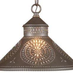Handmade In The USA Punched Tin Pendant Shade Light, Blackened Tin