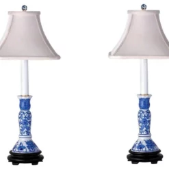 William Sung Blue And White Set Of 2, Porcelain Candlestick Holder Table Lamp 25"